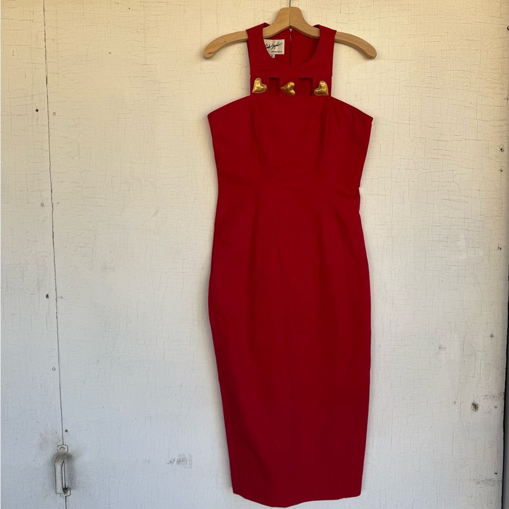 Vintage 80s / 90s bodycon ankle length red dress with gold heart detailing
